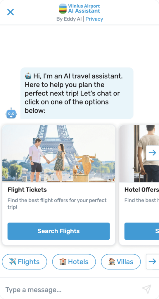 Eddy AI travel assistant chatbot integrated on Vilnius Airport website