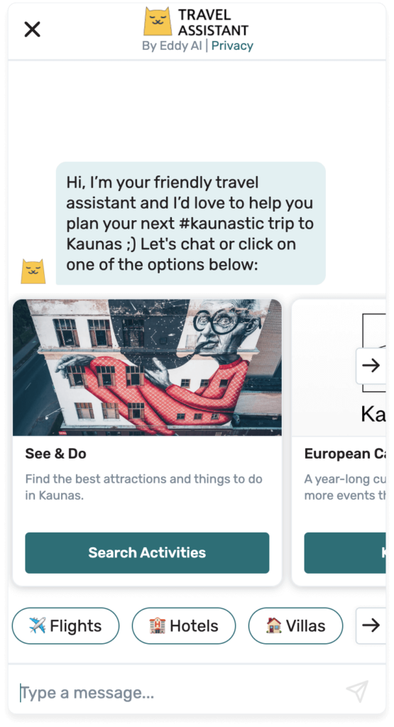 Eddy AI travel assistant chatbot integrated on Visit Kaunas website