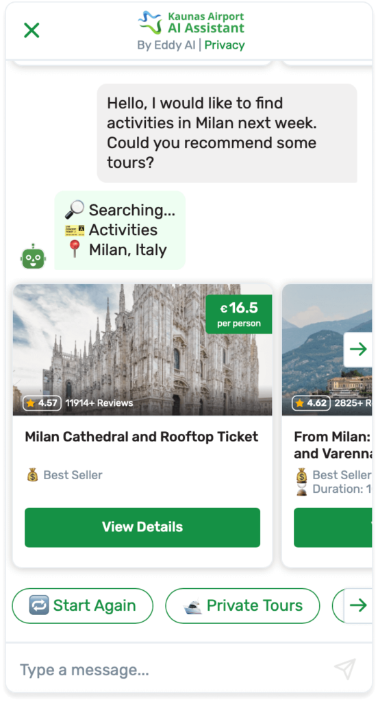 Eddy AI Assistant Helps to Find Tours on Kaunas Airport Chatbot