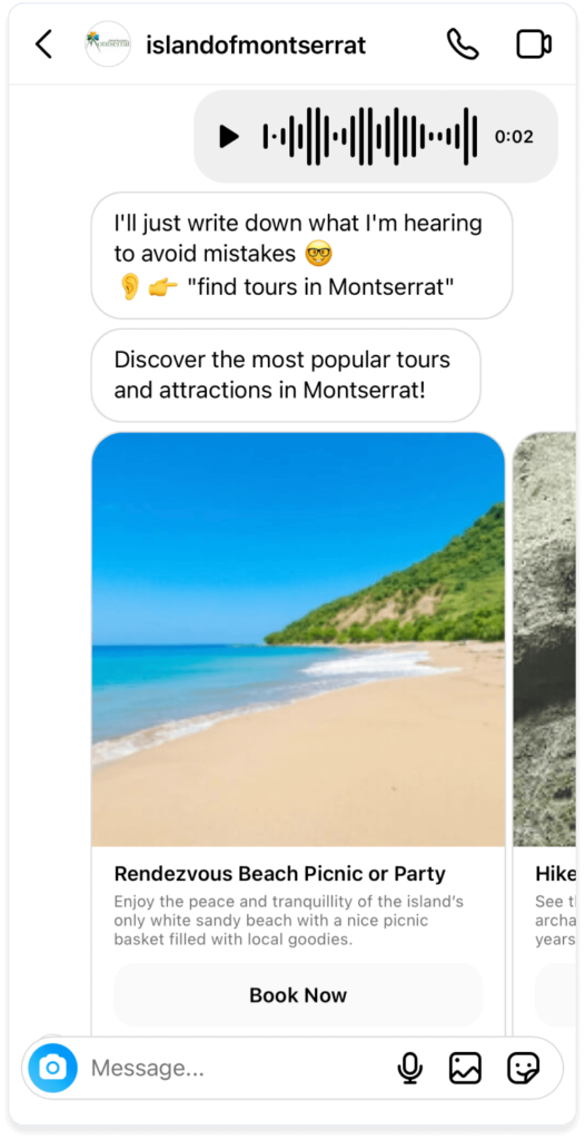 Traveler Sends Voice Message on Visit Montserrat AI Assistant on Instagram